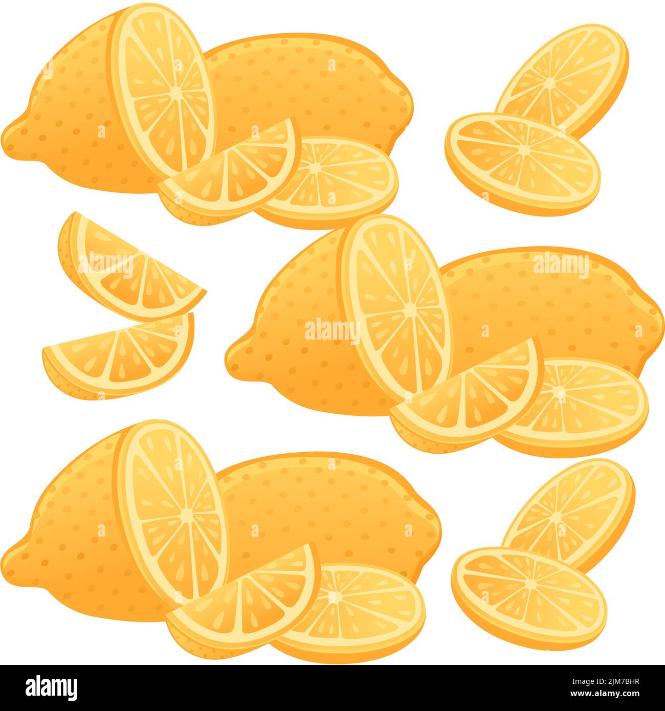 Juego de fruta fresca de limón entera y media, rodajas y trozos de limón listos para la ilustración del vector de té sobre fondo blanco. Ilustración del Vector