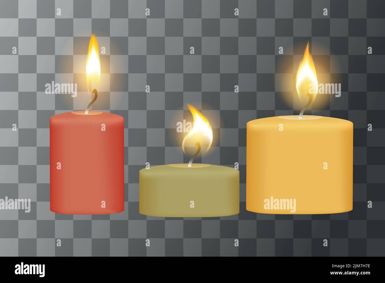 Juego de tres velas pequeñas con ilustración vectorial de diferentes colores aislados sobre fondo transparente. Ilustración del Vector