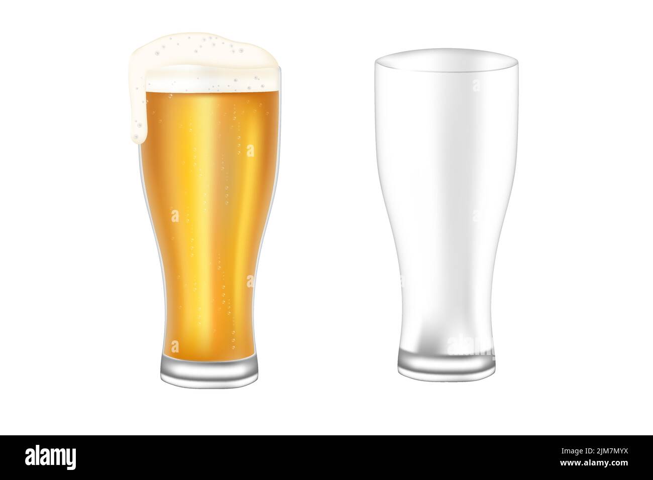 Dos copas de cerveza vacías y llenas de vidrio transparente de cerveza ilustración vectorial aisladas sobre fondo blanco. Ilustración del Vector