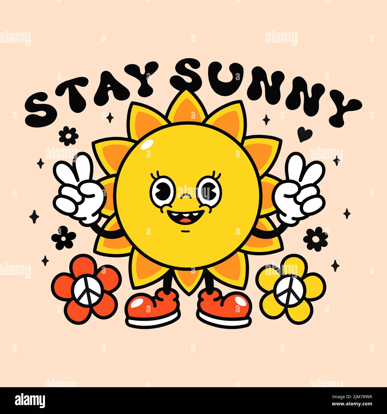 Divertido diseño de camiseta de sol. Cita del eslogan Stay Sunny. Vector retro vintage ilustración de personajes de dibujos animados. Divertido estampado de sol para camiseta, póster, pegatina, logotipo de arte concepto Ilustración del Vector