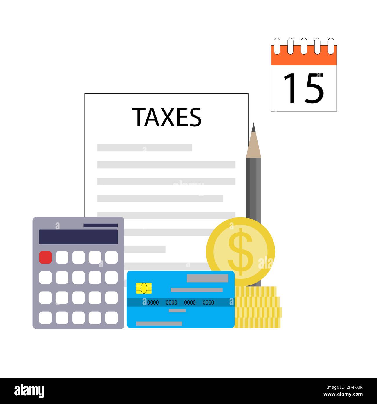 Calcular impuestos y fecha de pago anual para la empresa. Impuesto de pago necesario para la renta, ilustración vectorial de la imposición plazo mensual Foto de stock