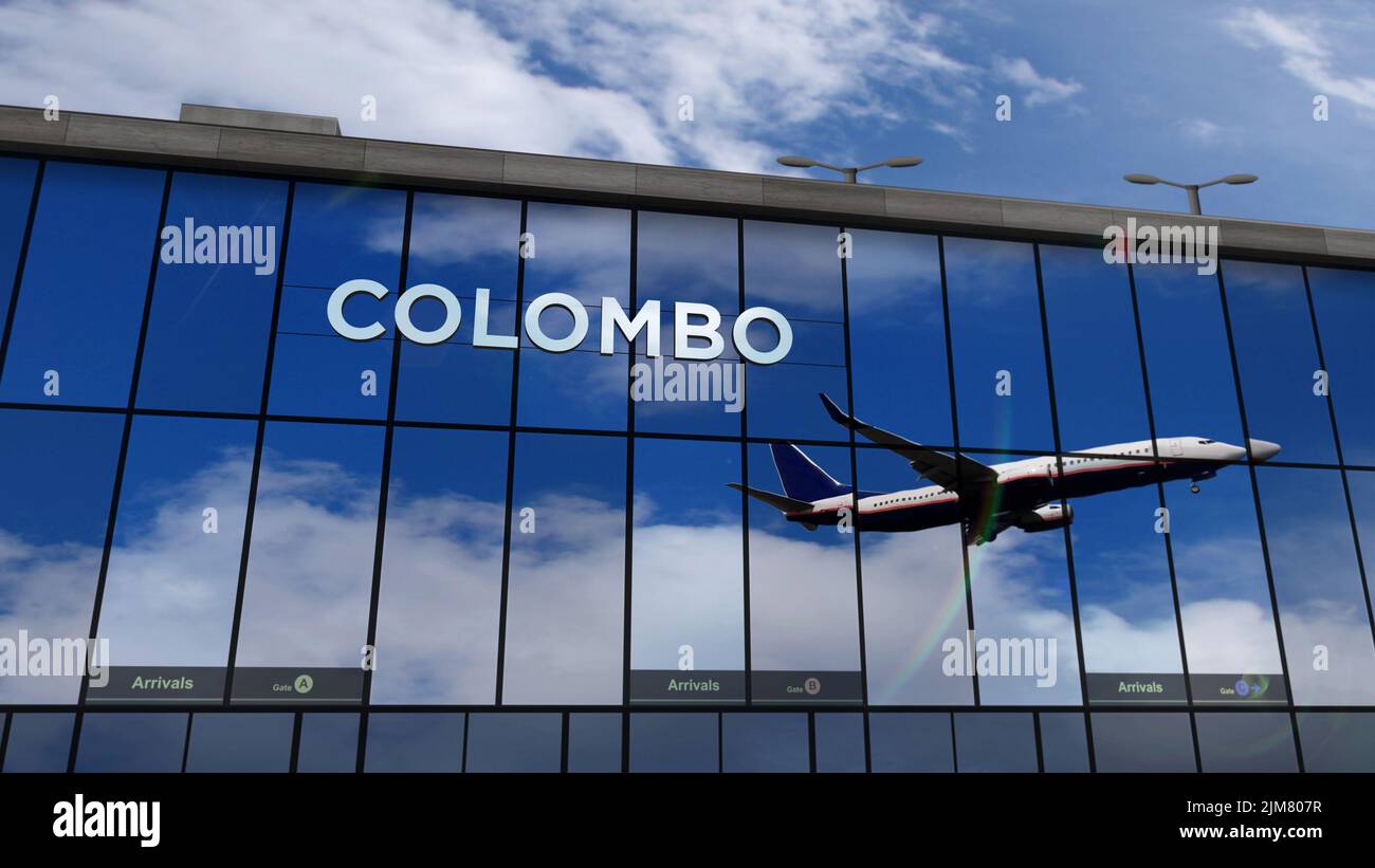 Aeronaves que aterrizan en Colombo (Sri Lanka) 3D en ilustración. Llegada a la ciudad con la terminal de cristal del aeropuerto y reflejo de avión a reacción. Tra Foto de stock
