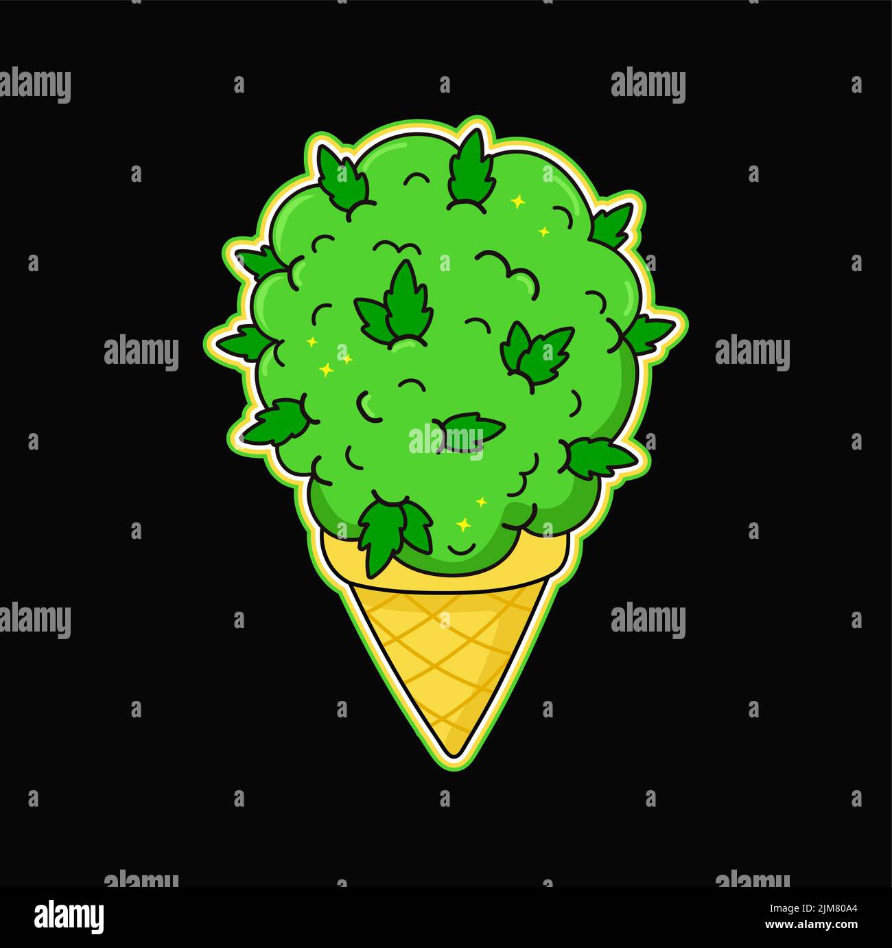 Diseño de camiseta con estampado de helado de marihuana verde brillante con brotes de marihuana. Ilustración del logotipo de dibujo animado de moda dibujado a mano vectorial. Helado de cannabis, hierba, estampado de marihuana para camiseta, póster, logotipo, concepto de calcomanía Ilustración del Vector