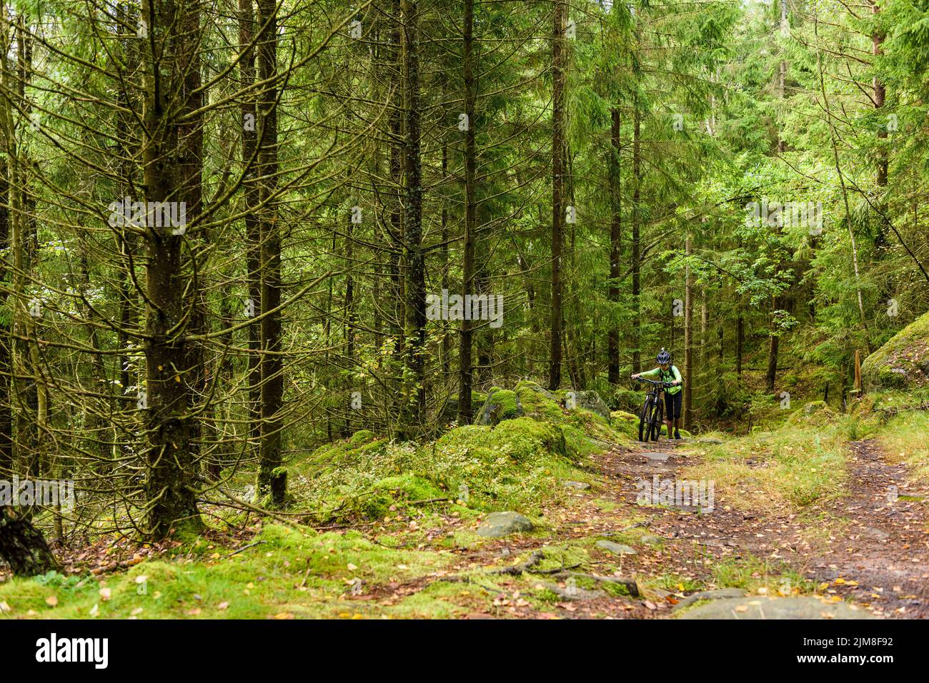 El joven ciclista de mountain bike camina con bicicleta Foto de stock