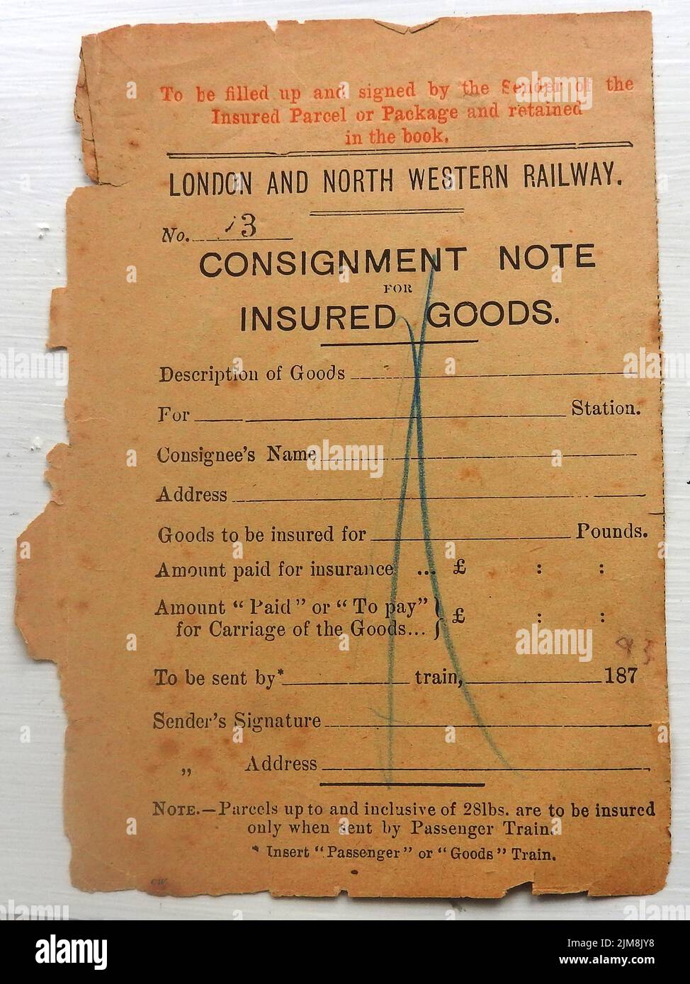 Una nota de envío para mercancías aseguradas de Londres y North Western Railways 1893. Foto de stock