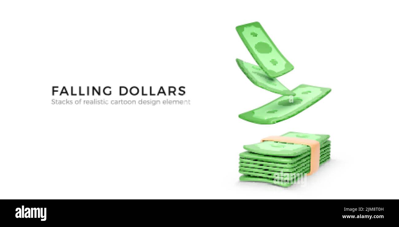 3D Green Dollars cayendo a paquete de dinero. Billetes de papel en estilo de dibujos animados realistas. Elemento de diseño empresarial para banner o póster. Ilustración vectorial Ilustración del Vector