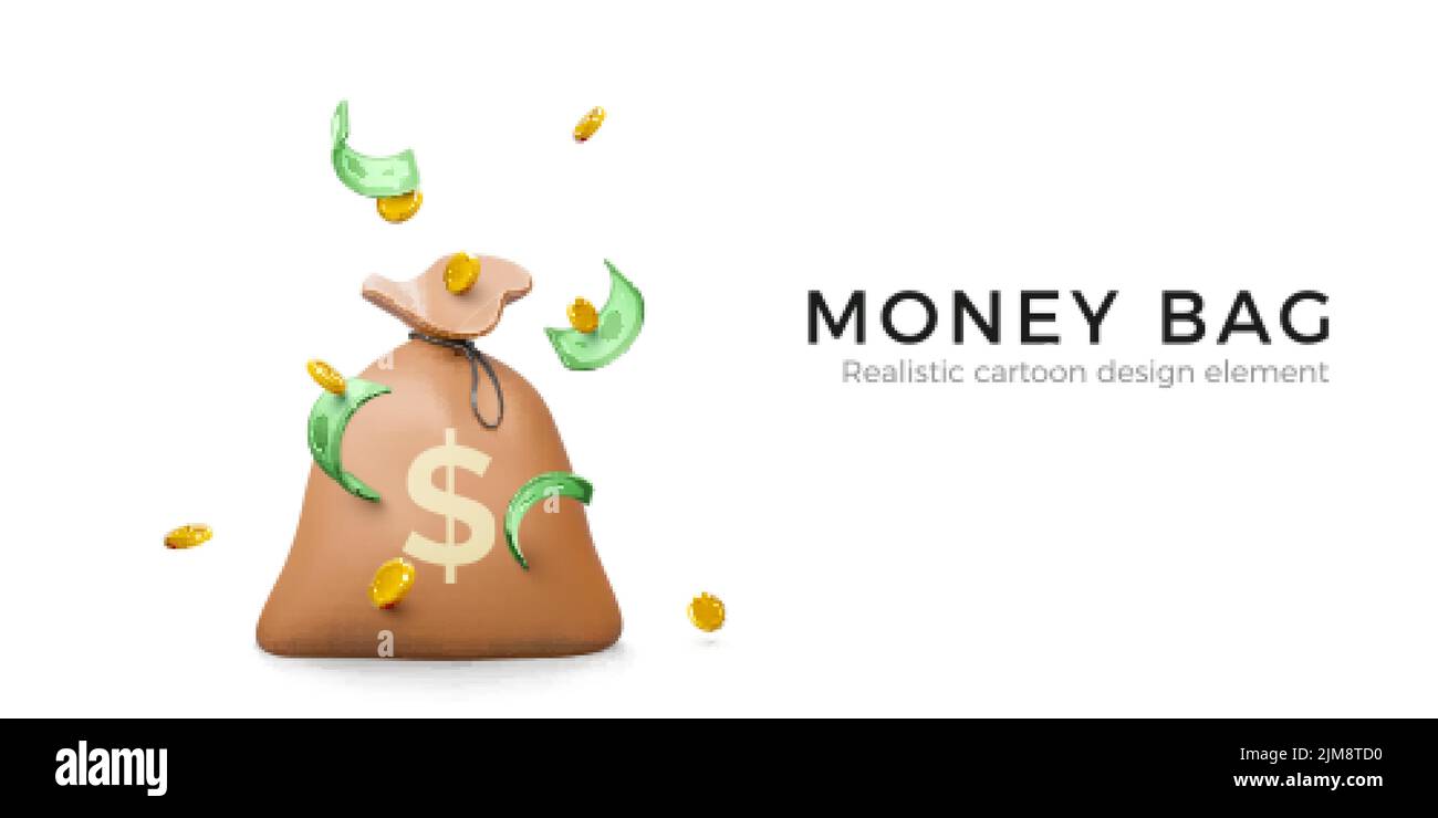 Bolsa de dinero con monedas de oro cayendo y billetes verdes en estilo de dibujos animados realistas. 3d elemento del dinero del diseño para la bandera o el cartel. Ilustración vectorial Ilustración del Vector