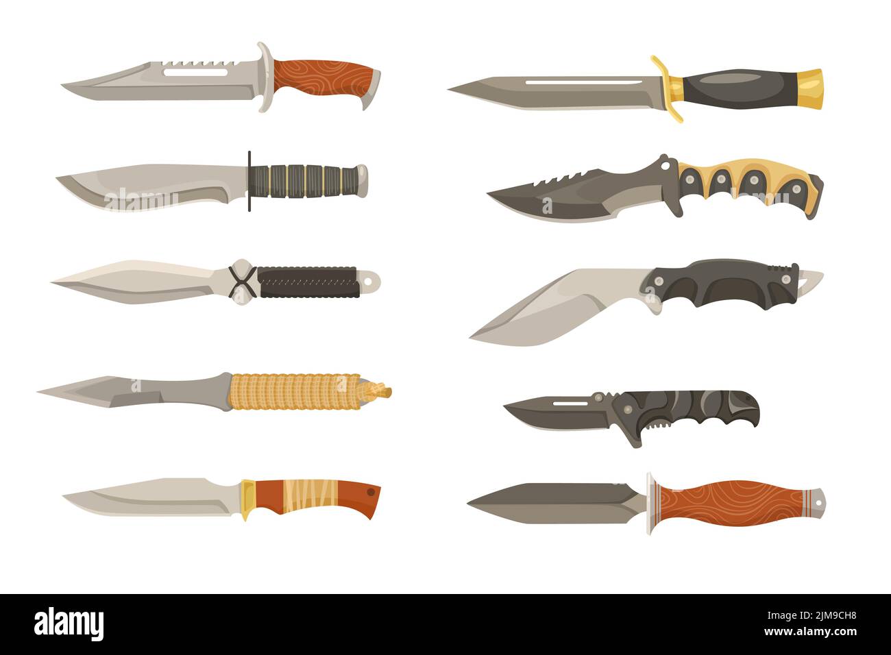 Coloridos cuchillos de combate o dagas juego de ilustraciones de dibujos animados. Hojas de guerrero, cuchillos militares o de caza, espadas de acero, machete inoxidable o navaja Ilustración del Vector