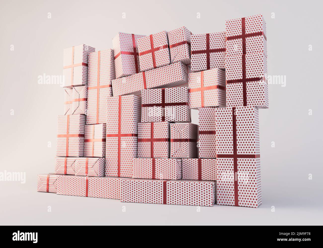 Una pared apilada de cajas de regalo rectangulares de diferentes tamaños envueltas en un envoltorio de topos y una cinta roja sobre un fondo de estudio aislado - 3D render Foto de stock