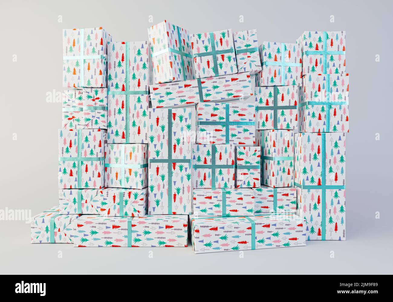 Una pared apilada de cajas de regalo rectangulares de diferentes tamaños envueltas en un envoltorio de regalo de árbol de navidad y una cinta verde sobre un fondo de estudio aislado - 3D Foto de stock