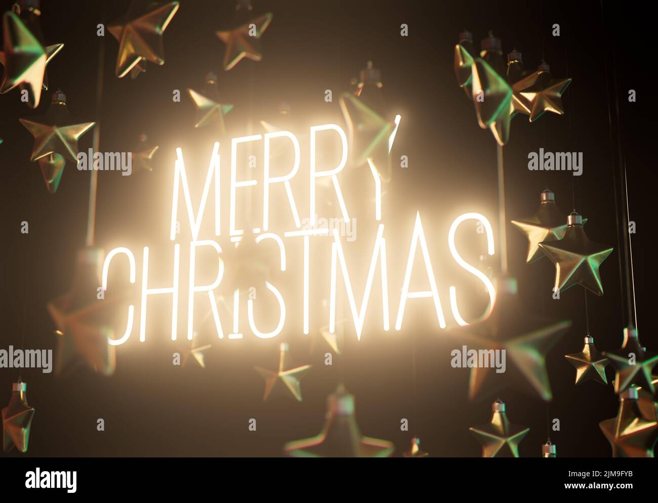Una colección de decoraciones plateadas con forma de estrella de navidad que rodean un letrero de neón iluminado que dice Feliz navidad sobre un fondo aislado - 3D Re Foto de stock