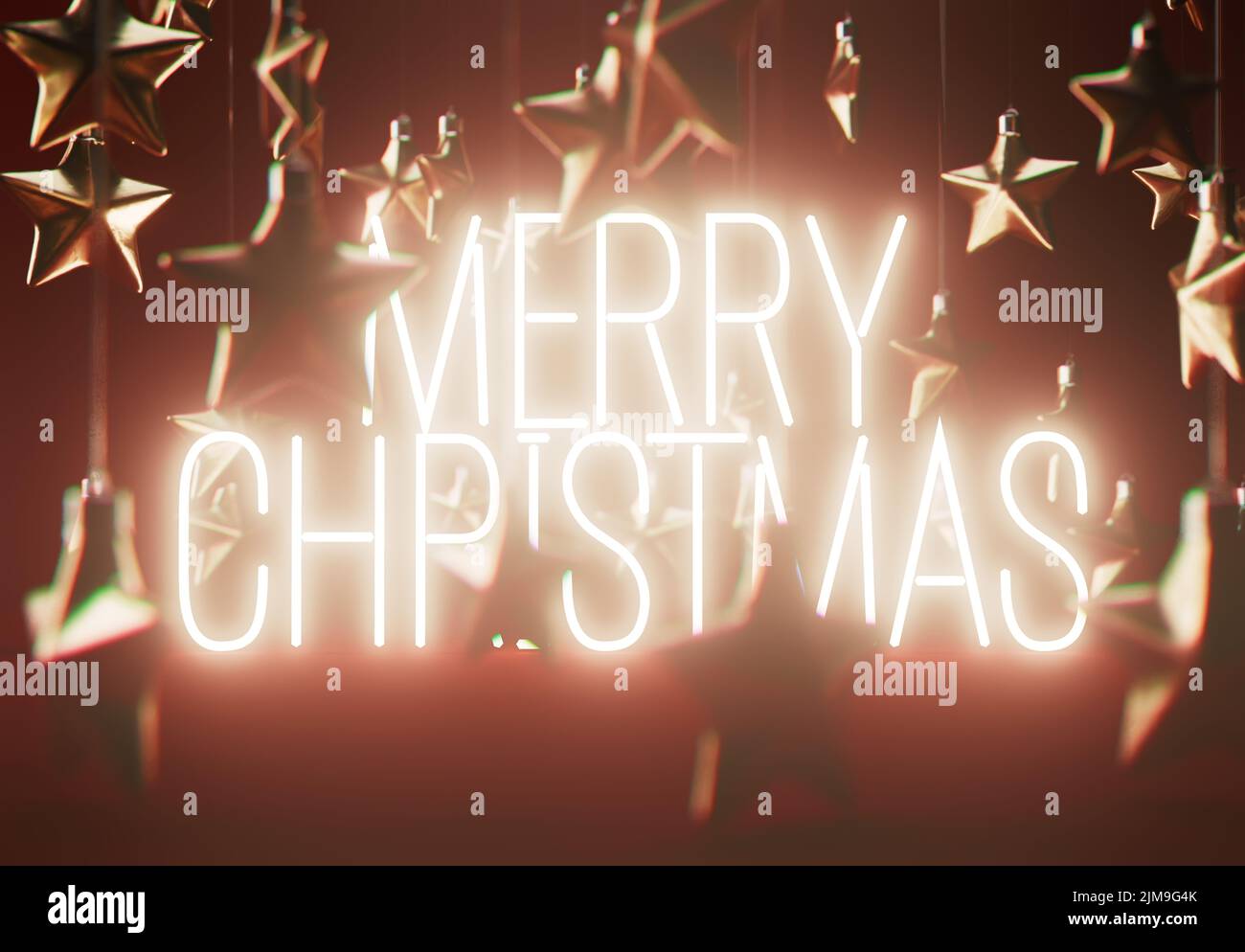 Una colección de decoraciones plateadas con forma de estrella de navidad que rodean un letrero de neón iluminado que dice Feliz navidad sobre un fondo aislado - 3D Re Foto de stock