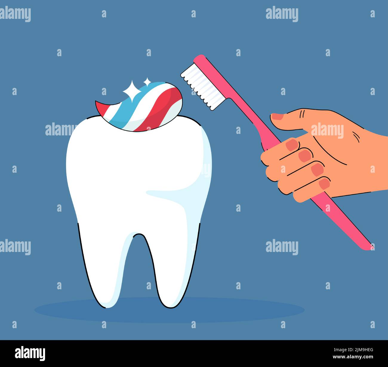 Mano sosteniendo cepillo de dientes limpiando el diente con pasta de