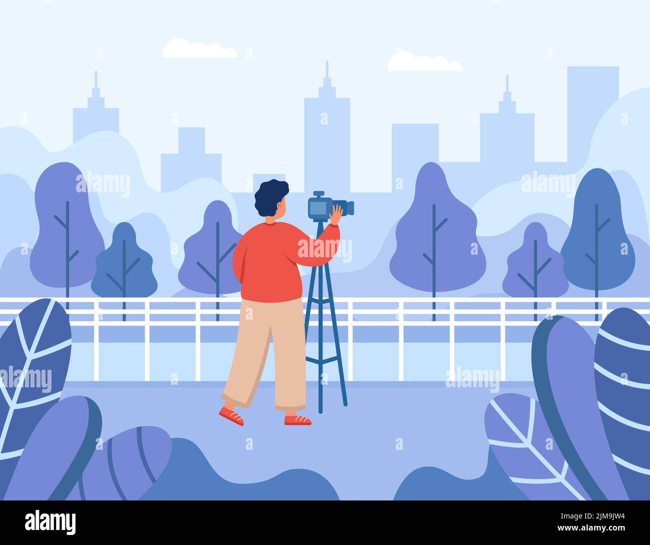 Fotógrafo profesional que toma fotos del paisaje de la ciudad. Hombre con cámara en trípode plano ilustración vectorial. Fotografía, viajes, naturaleza conc Ilustración del Vector