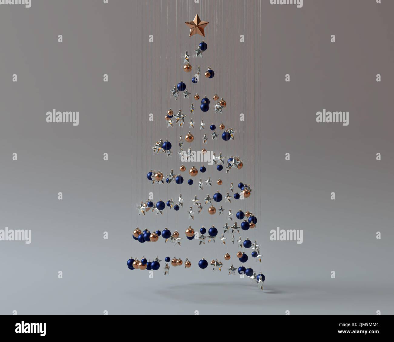 Un concepto de una colección de decoraciones de navidad colgantes que hacen la forma de un árbol con regalos envueltos suspendidos debajo - 3D render Foto de stock