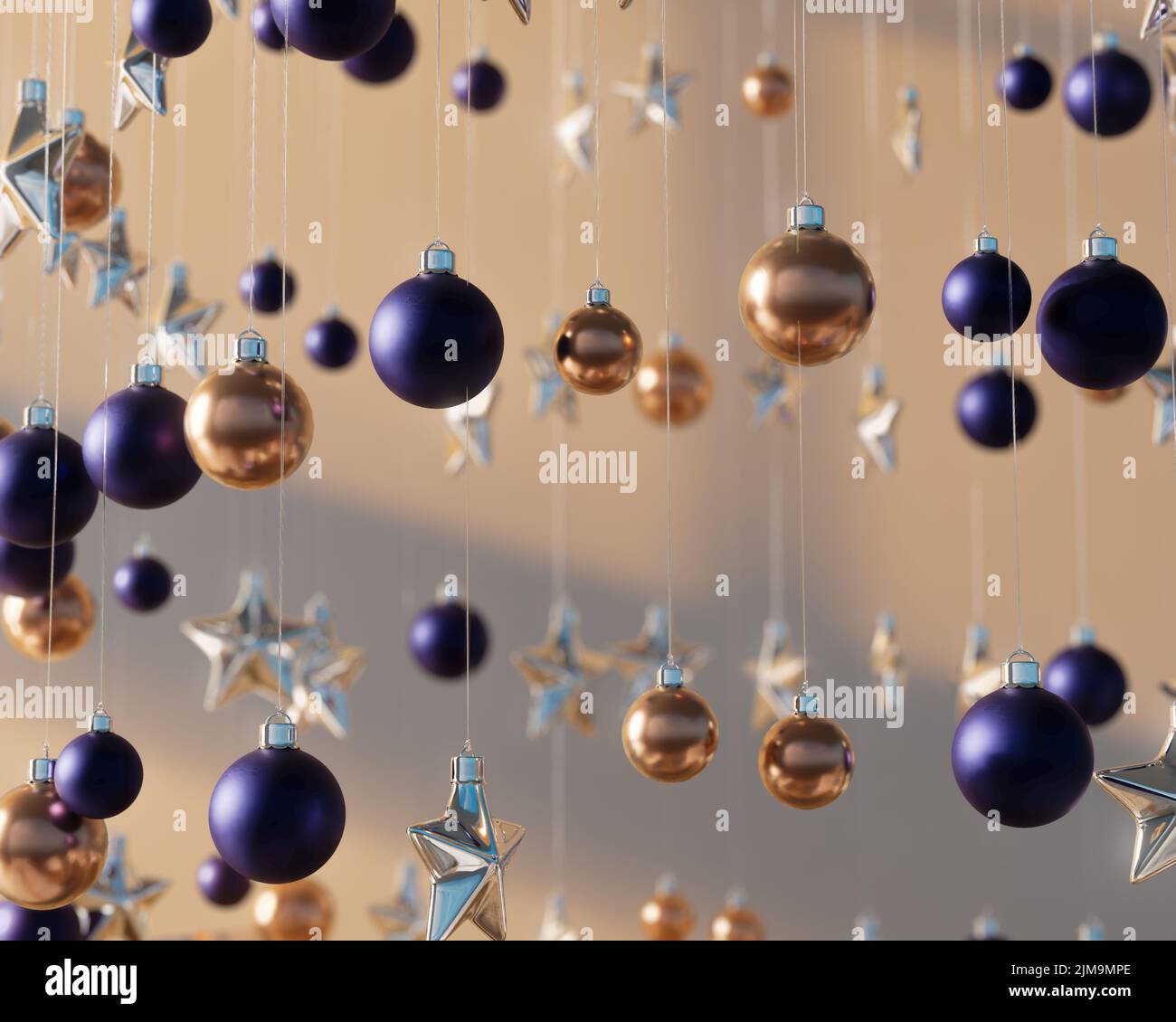 Una colección de adornos de navidad colgantes en baubels y estrellas sobre un fondo interior - 3D render Foto de stock