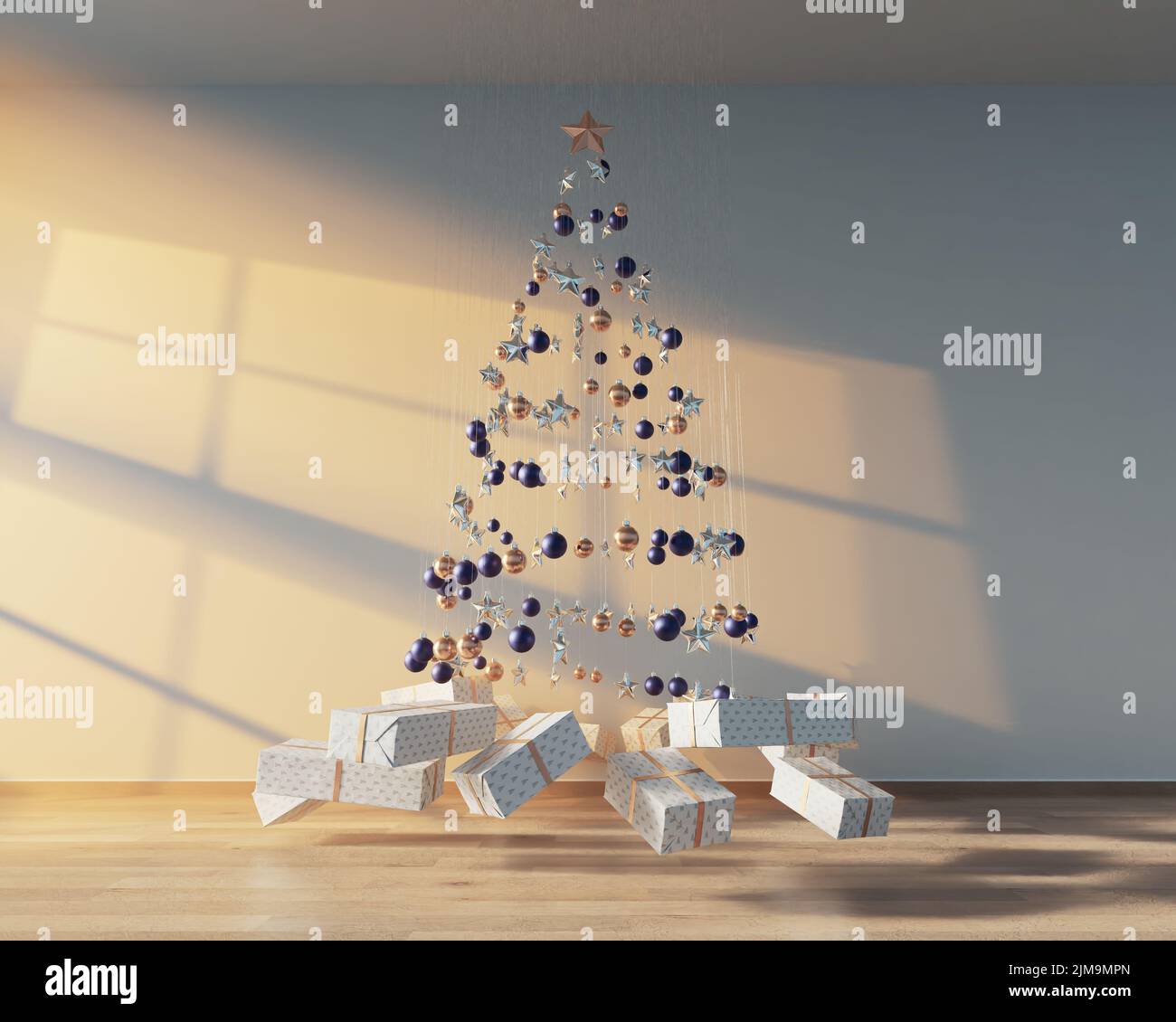 Un concepto de una colección de decoraciones de navidad colgantes que hacen la forma de un árbol con regalos envueltos suspendidos debajo de la luz del sol - 3D render Foto de stock
