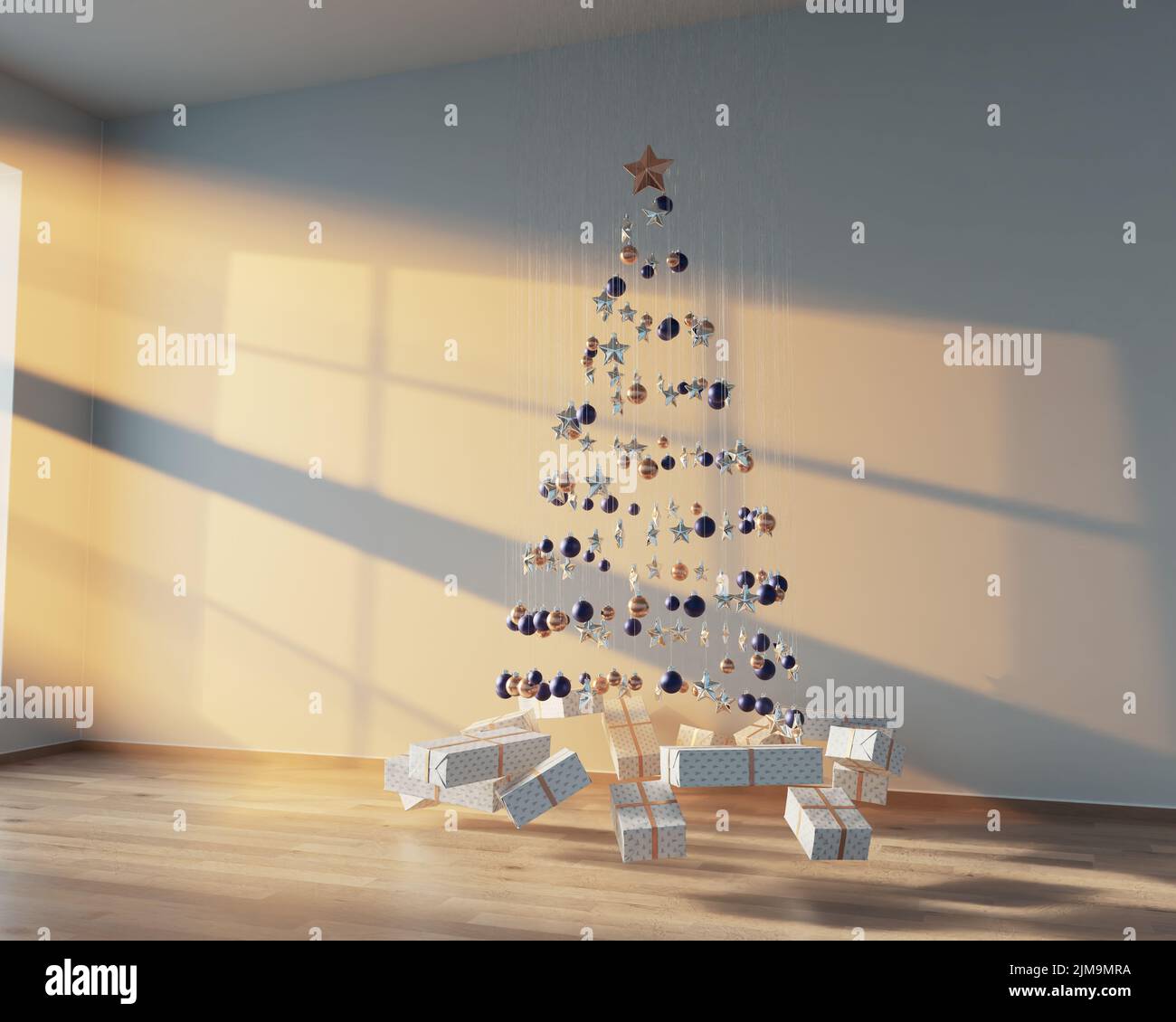 Un concepto de una colección de decoraciones de navidad colgantes que hacen la forma de un árbol con regalos envueltos suspendidos debajo de la luz del sol - 3D render Foto de stock