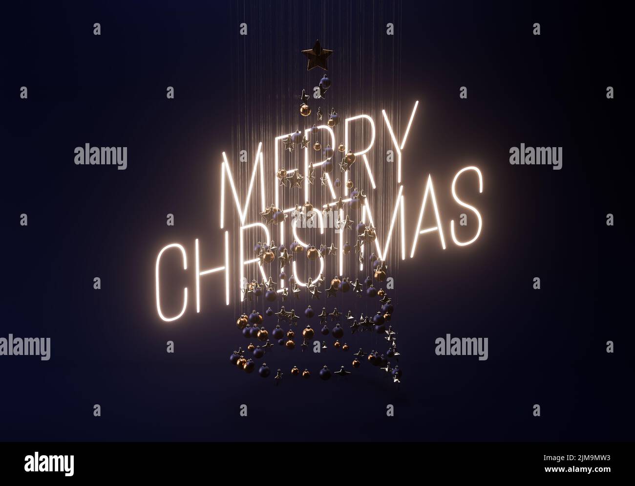 Un concepto de una colección de adornos de navidad colgantes haciendo la forma de un árbol retroiluminado por un signo de neón diciendo Feliz navidad - 3D render Foto de stock