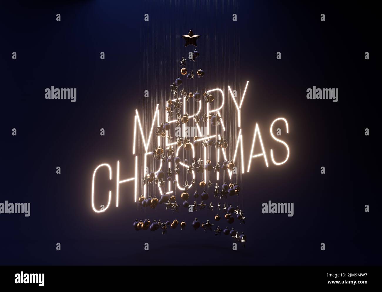 Un concepto de una colección de adornos de navidad colgantes haciendo la forma de un árbol retroiluminado por un signo de neón diciendo Feliz navidad - 3D render Foto de stock