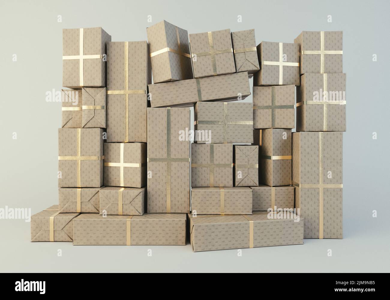 Una pared apilada de cajas de regalo rectangulares de diferentes tamaños envueltas en un envoltorio de regalo festivo y una cinta dorada sobre un fondo de estudio aislado: Renderización 3D Foto de stock