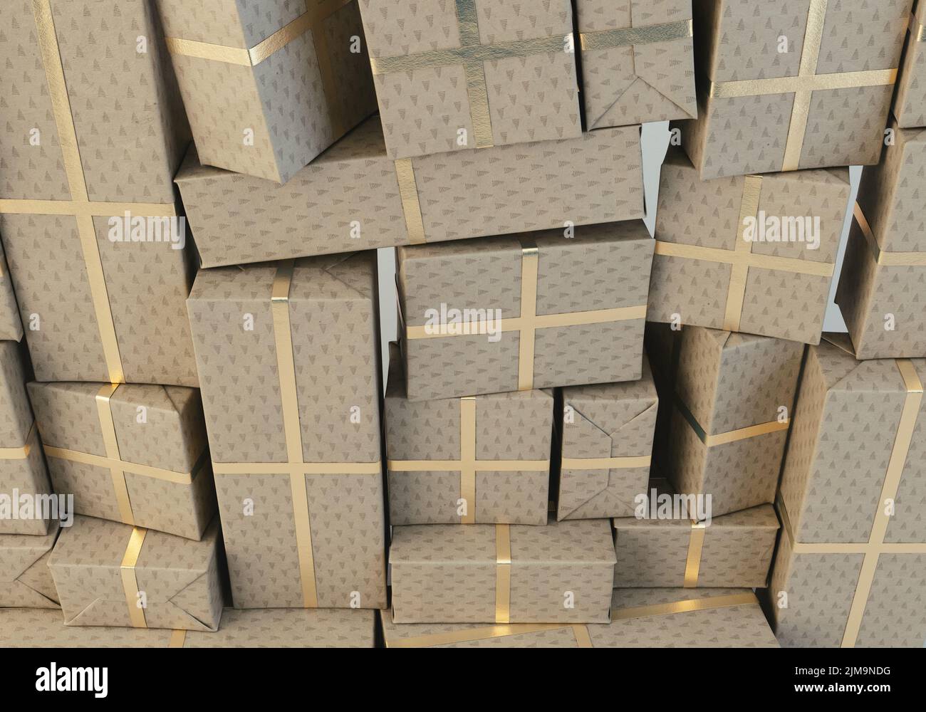 Una pared apilada de cajas de regalo rectangulares de diferentes tamaños envueltas en un envoltorio de regalo festivo y una cinta dorada sobre un fondo de estudio aislado: Renderización 3D Foto de stock