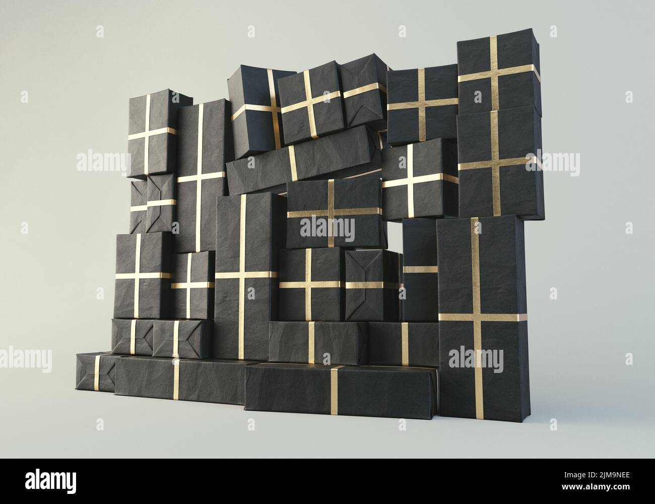 Una pared apilada de cajas de regalo rectangulares de diferentes tamaños envueltas en un envoltorio de regalo negro y una cinta dorada sobre un fondo de estudio aislado - 3D render Foto de stock