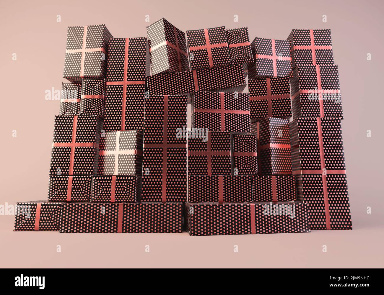 Una pared apilada de cajas de regalo rectangulares de diferentes tamaños envueltas en un envoltorio de topos y una cinta roja sobre un fondo de estudio aislado - 3D render Foto de stock