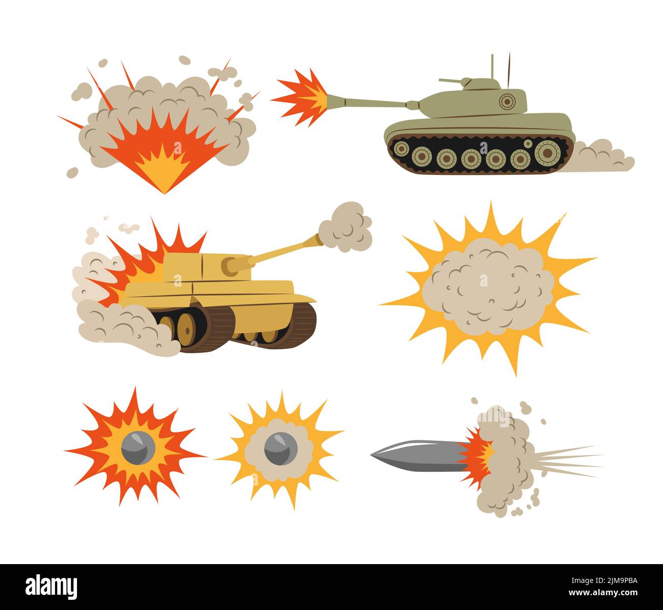 Conjunto de ilustraciones de vectores de explosiones y tanques de tiro. Colección de dibujos animados de explosiones de bombas, fuego, nubes de humo tras explosión, balas de arma Ilustración del Vector