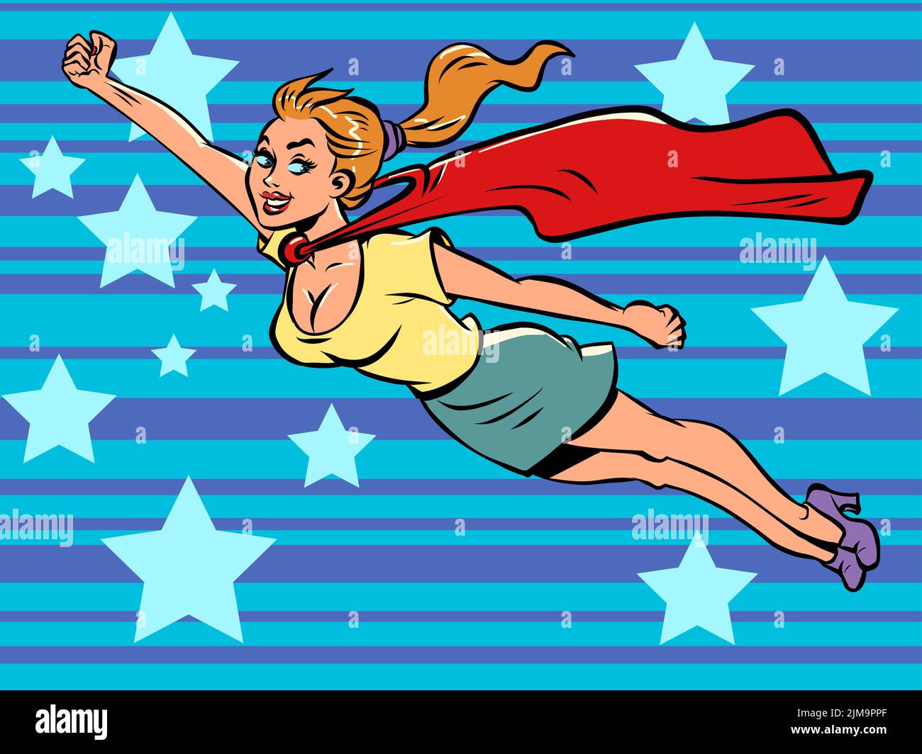 superhéroe femenino, chica en el cabo rojo volando, ayuda, feminismo poder femenino. Ilustración de dibujo a mano retro de cómic Ilustración del Vector