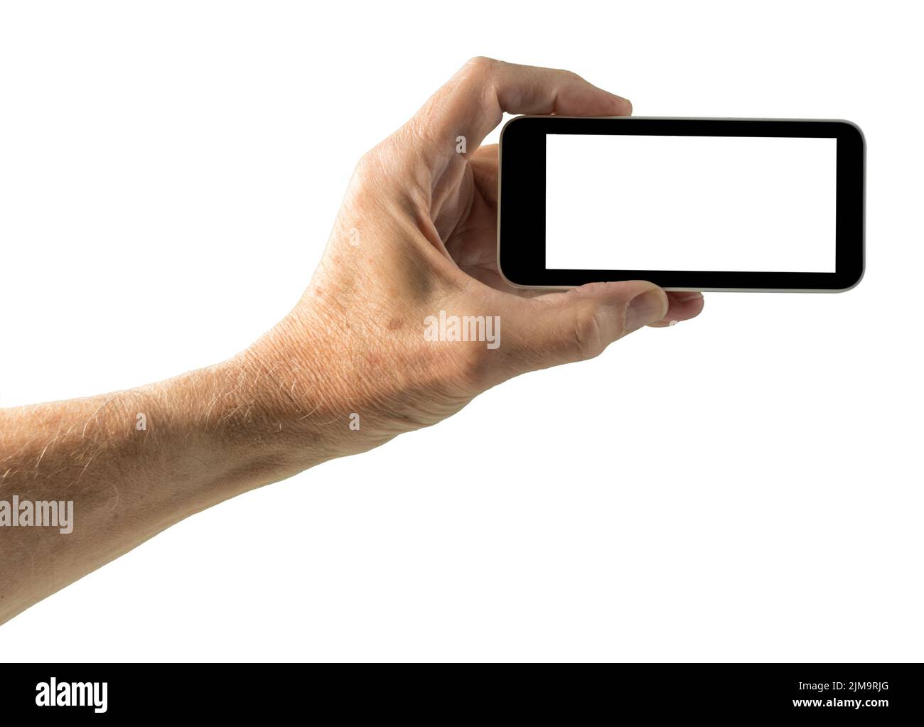 Imagen aislada de la mano con la pantalla del smartphone Foto de stock