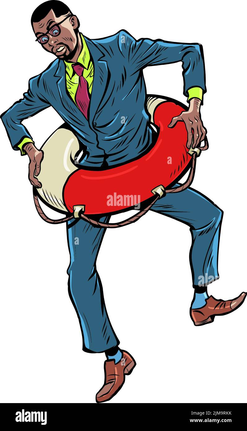 Hombre de negocios afroamericano con salvavidas, seguros y riesgos, peligro de quiebra, decisión correcta. POP arte retro vector ilustración kitsch vintag Ilustración del Vector