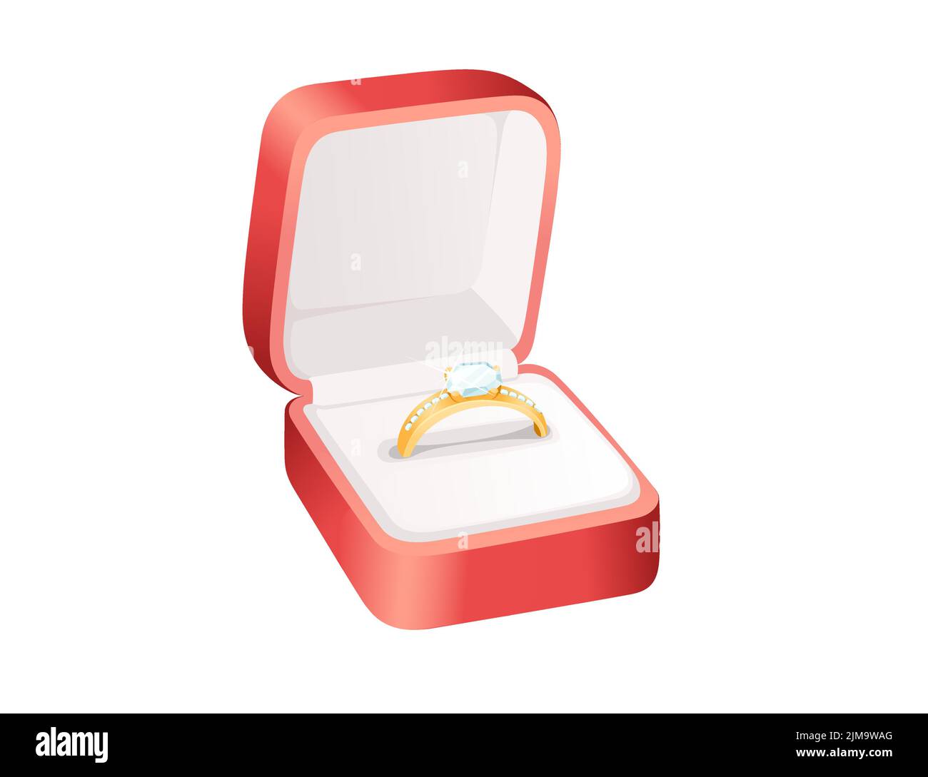 Caja de forma cuadrada de boda roja con ilustración vectorial de anillo dorado aislada sobre fondo blanco. Ilustración del Vector