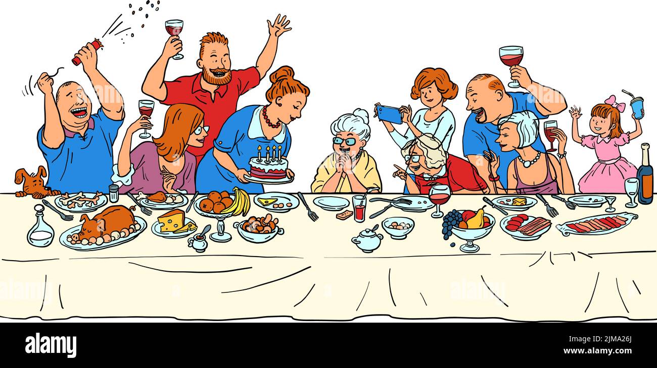 Mujer mamá abuela Fiesta de cumpleaños, toda la familia en la mesa festiva. Ilustración retro de la mano del cómic de la cosecha Ilustración del Vector