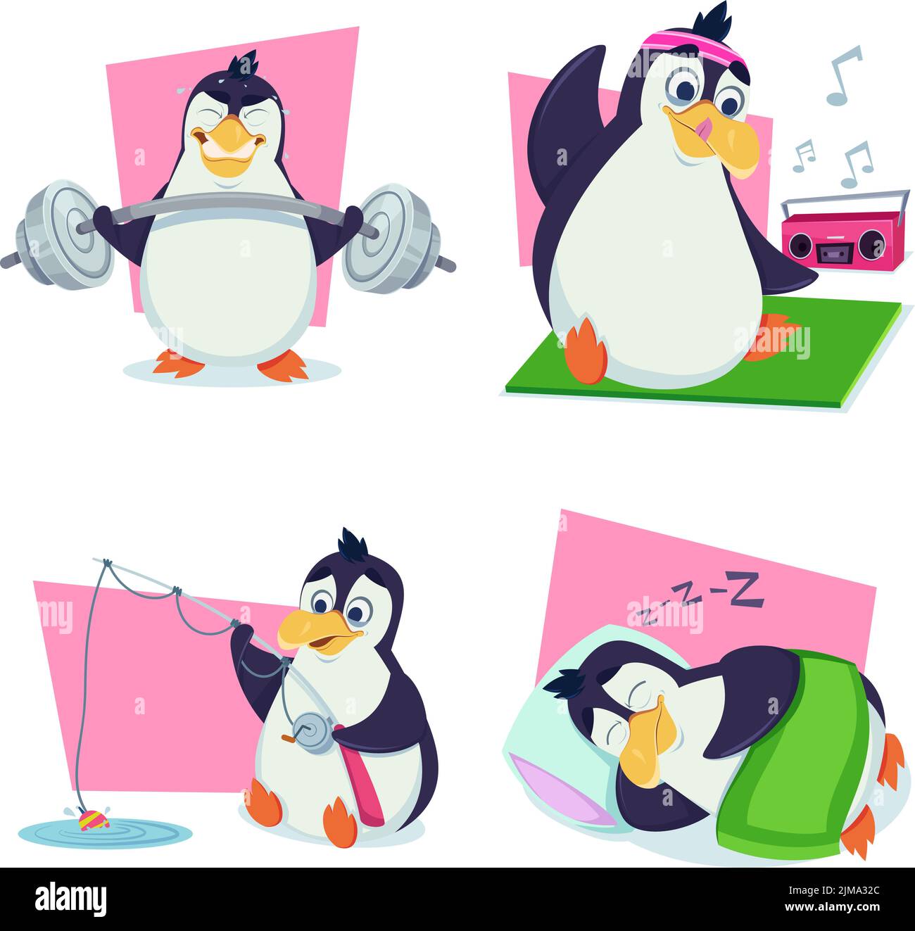 Conjunto de lindos pingüinos dibujados a mano alzando la campana, estirando la música, pescando, durmiendo Ilustración del Vector