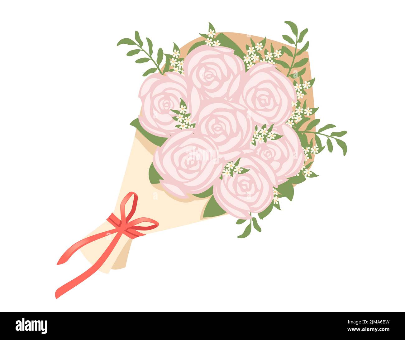 Ramo de flores de rosas envueltas en papel con una ilustración de vector de cinta roja aislada sobre fondo blanco. Ilustración del Vector