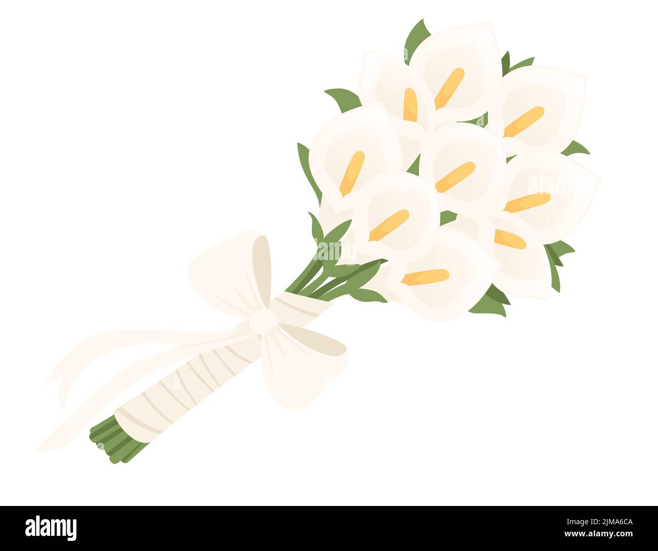 Ramo de flores de calla envueltas en papel con una ilustración de vector de cinta blanca aislada sobre fondo blanco. Ilustración del Vector