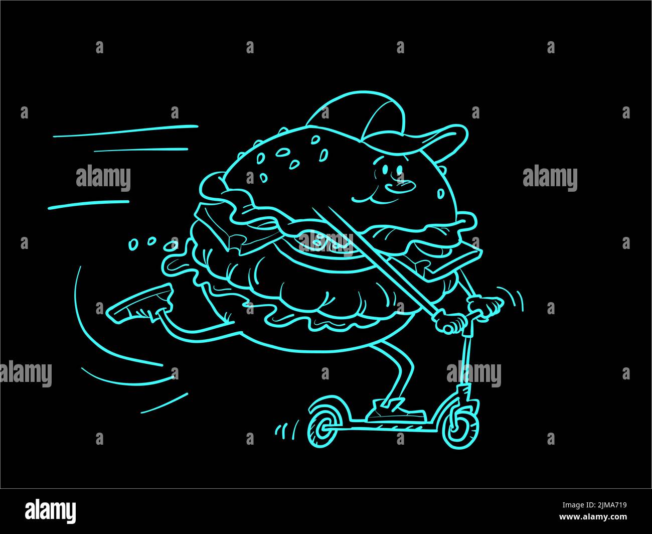 Deportes hamburguesa carácter paseos un scooter. Cómic de estilo de vida activo Ilustración del Vector