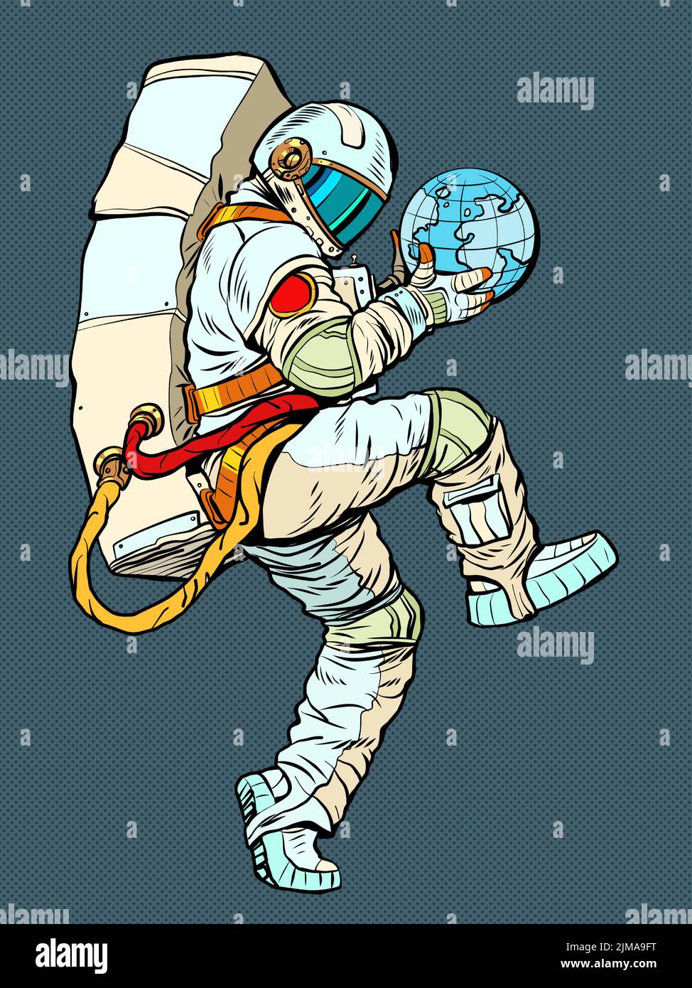 astronauta sosteniendo el planeta tierra en las manos, ecología ciencia y economía mundial tema. hombre en una pose divertida. arte pop retro vector ilustración kitsch vintag Ilustración del Vector