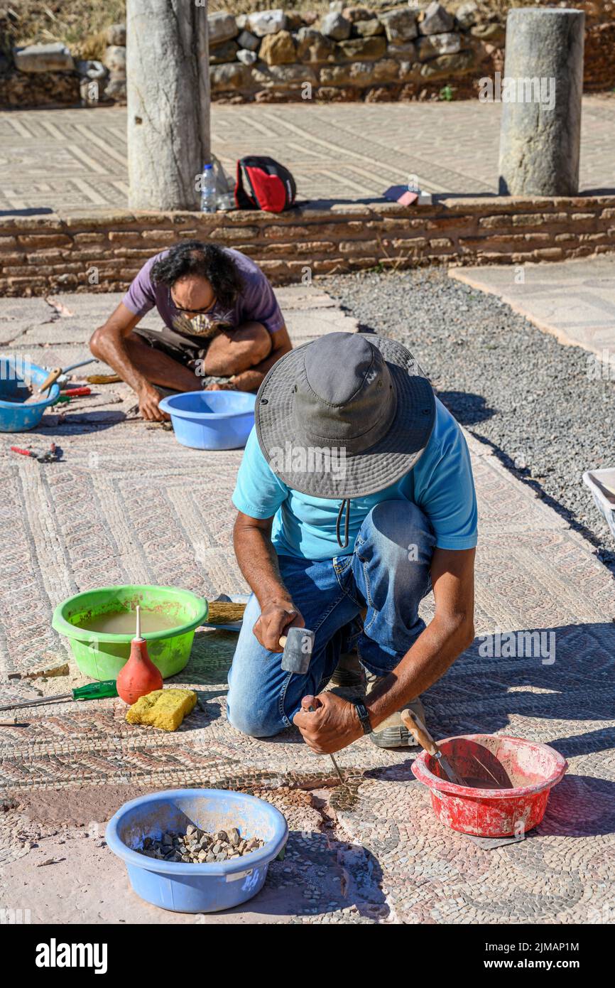 Los arqueólogos restaurar un piso de mosaico en la antigua Messene (Ithomi), Mesenia, sur del Peloponeso, Grecia Foto de stock