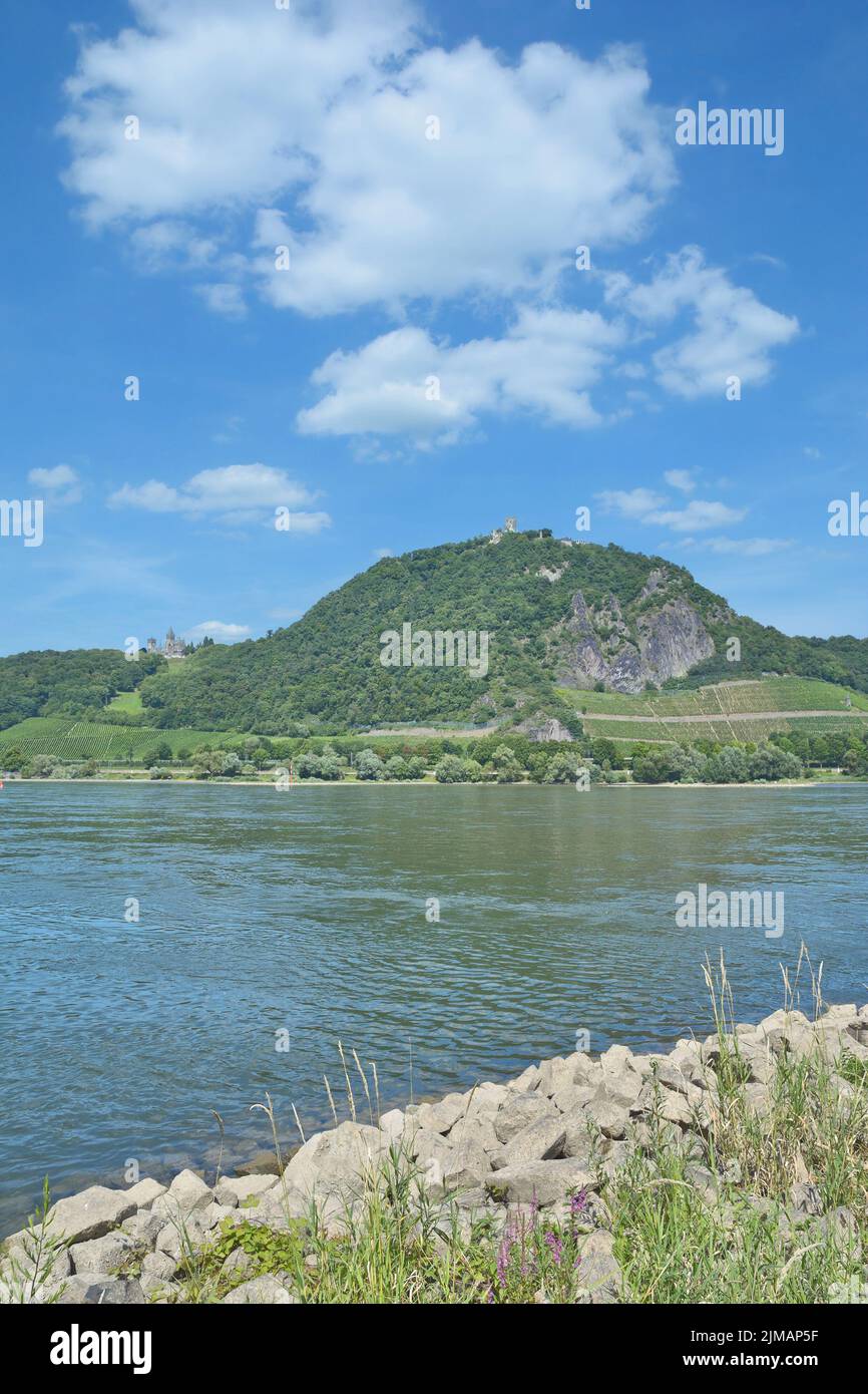 Famoso Drachenfels y Castillo de Drachenburg en la montaña Siebengebirge en el río Rin, Alemania Foto de stock