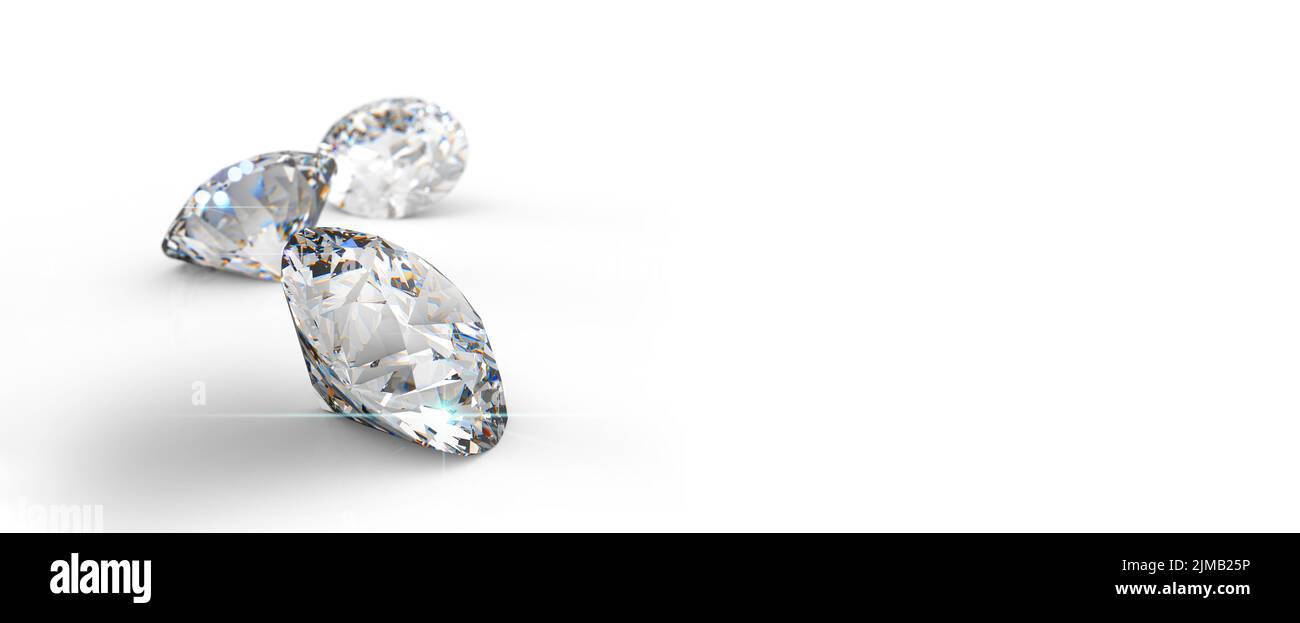 Diamantes aislados 3D rendering illustration.Round corte diamante sobre fondo blanco brillante, luz trasera, sombra, rayos cáusticos. Foto de stock