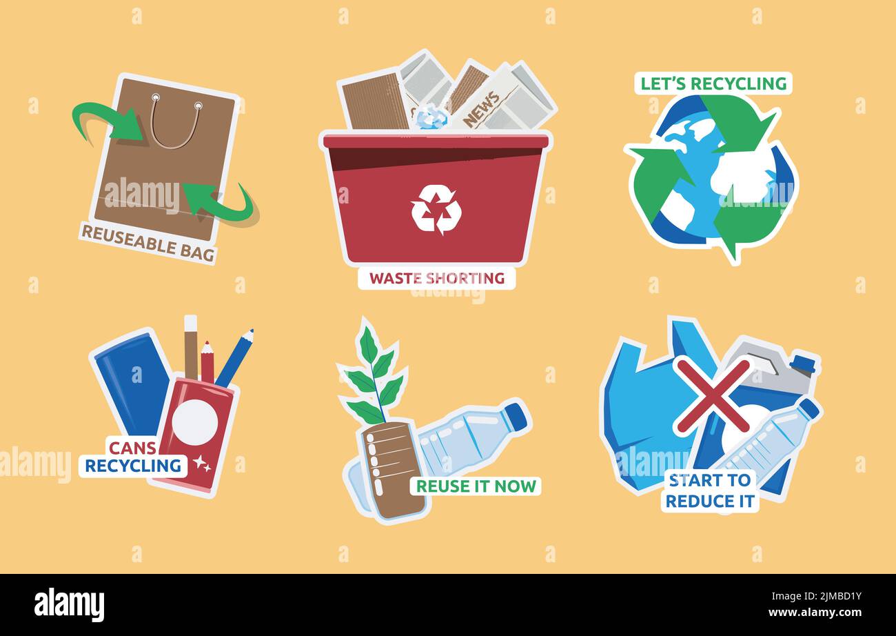 Reciclaje en casa Reutilización Reducir residuos Adhesivo Ilustración del Vector