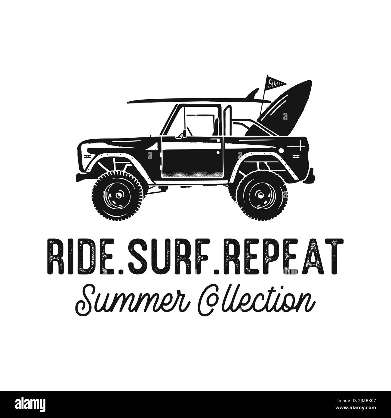Estampado con pickup vintage y tabla de surf Ilustración del Vector