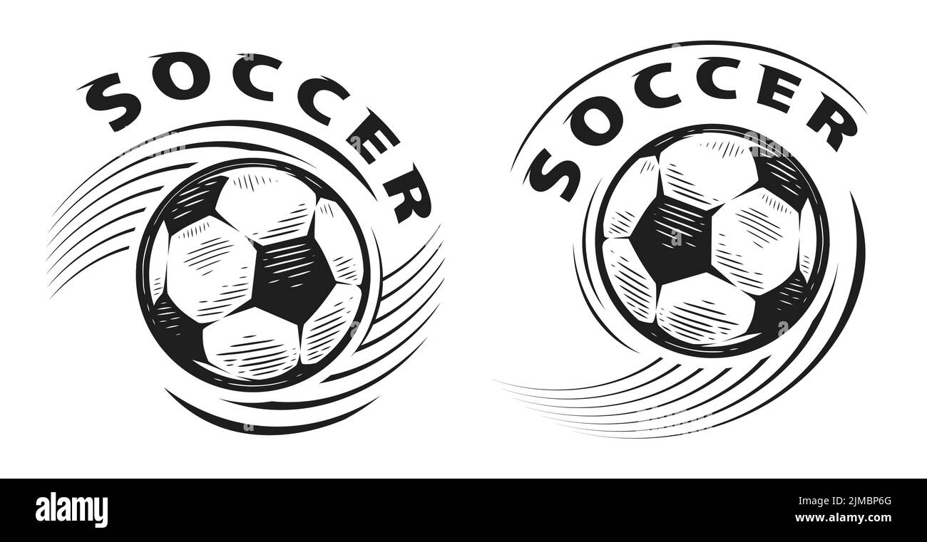Conjunto de emblema de balón de fútbol. Insignia de fútbol y fútbol o mascota deportiva. Ilustración de croquis vectorial aislada Ilustración del Vector