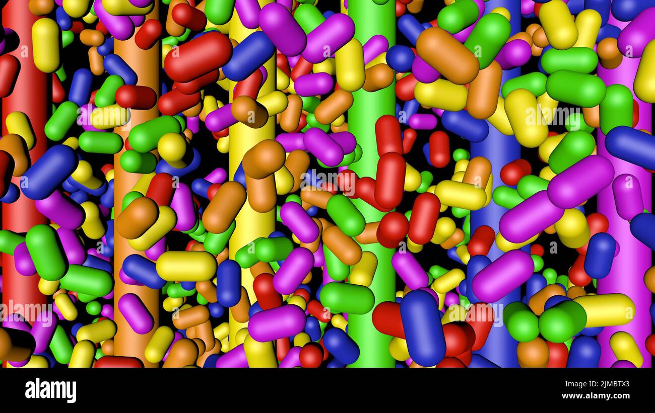 Cápsulas de color arcoiris, 3D Presentación en negro Foto de stock