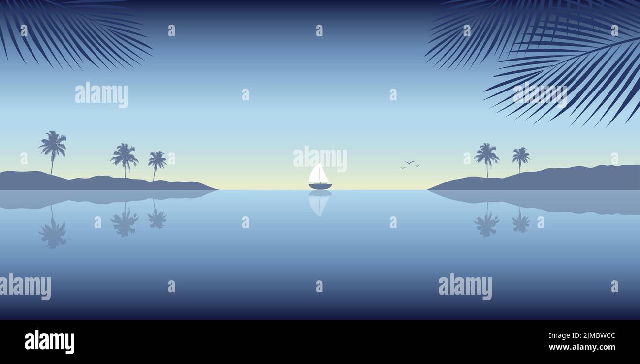 velero yate en el mar tropical con palmeras Ilustración del Vector