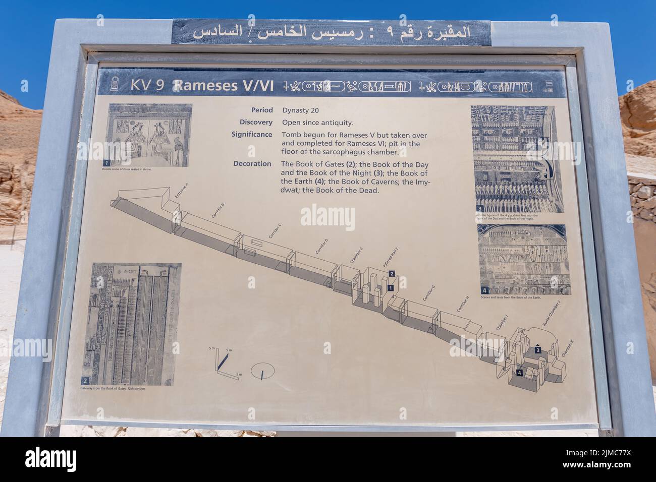 Luxor, Egipto; 2 de agosto de 2022 - Una señal en la entrada de Ramsés V y VI tumba en el Valle de los Reyes, Luxor, Egipto Foto de stock