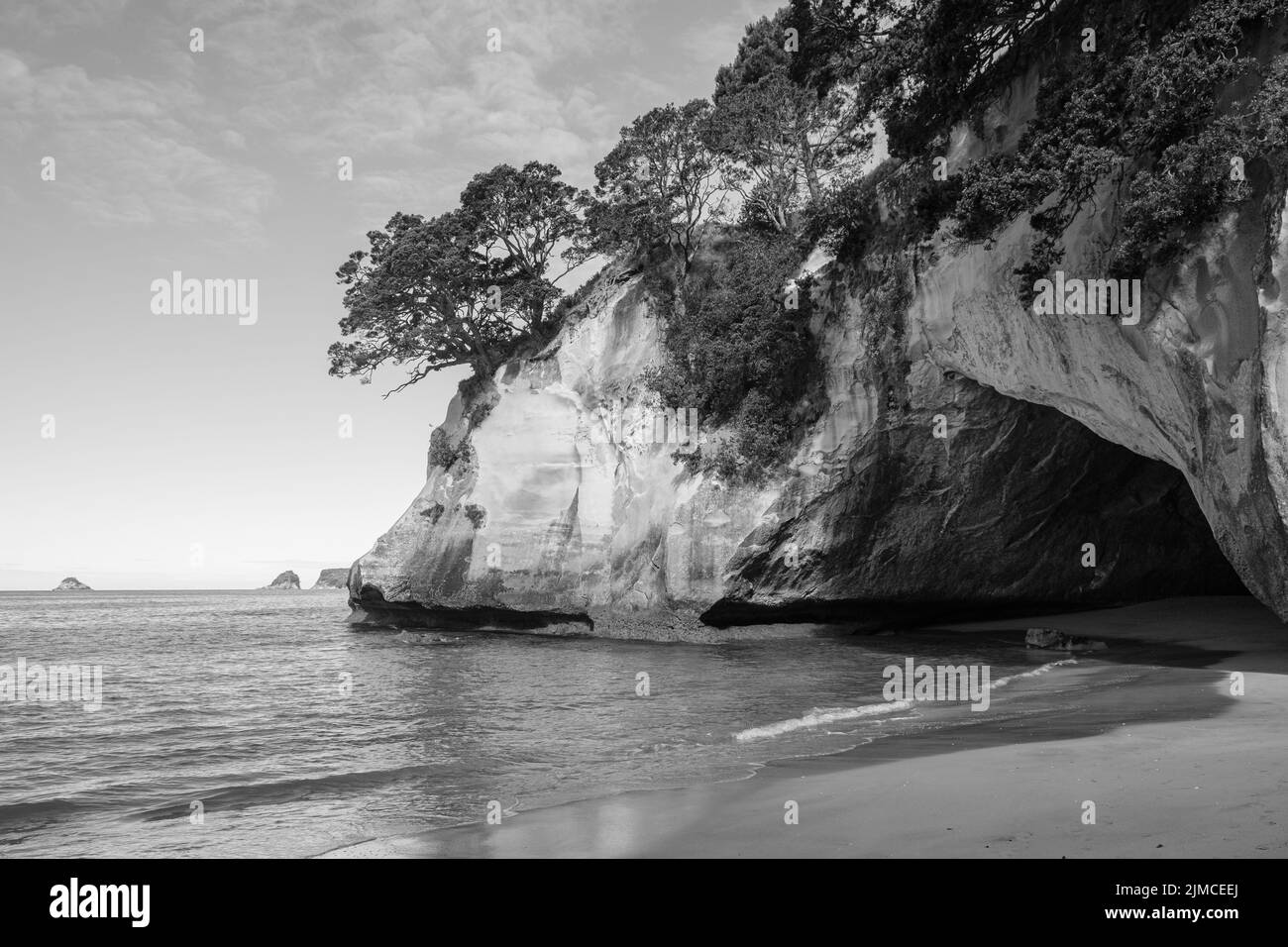 Una imagen en escala de grises de una gran formación de piedra en la costa de Hahei, Nueva Zelanda Foto de stock