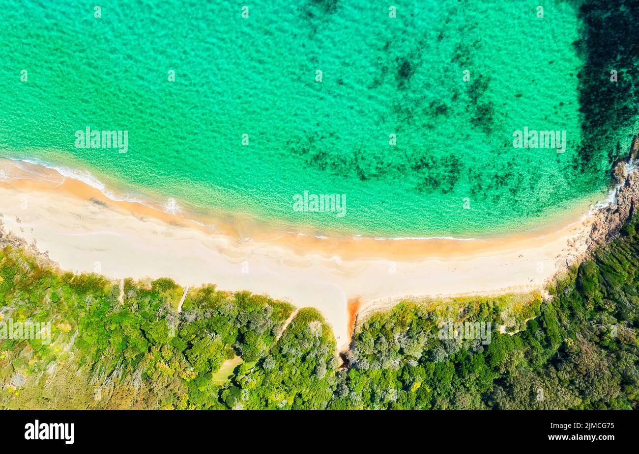 Escénica playa Shelly bahía esmeralda en la ciudad de la playa de Elizabeth en la costa del Pacífico de australia - vista aérea tropical de la parte superior hacia abajo. Foto de stock